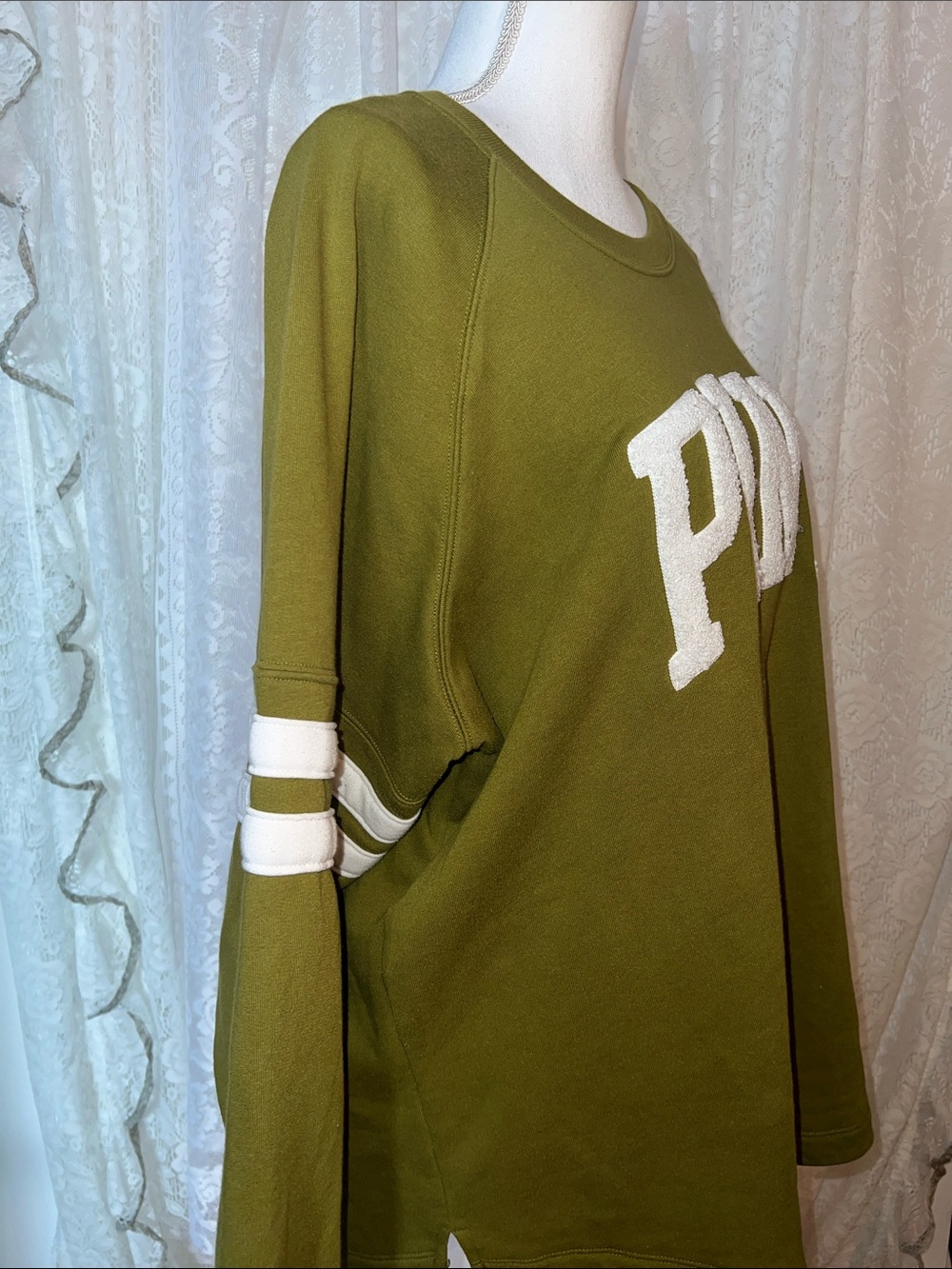 VS PINK Olive Green Crewneck Sweatshirt with White Lettering - Picture 4 of 6